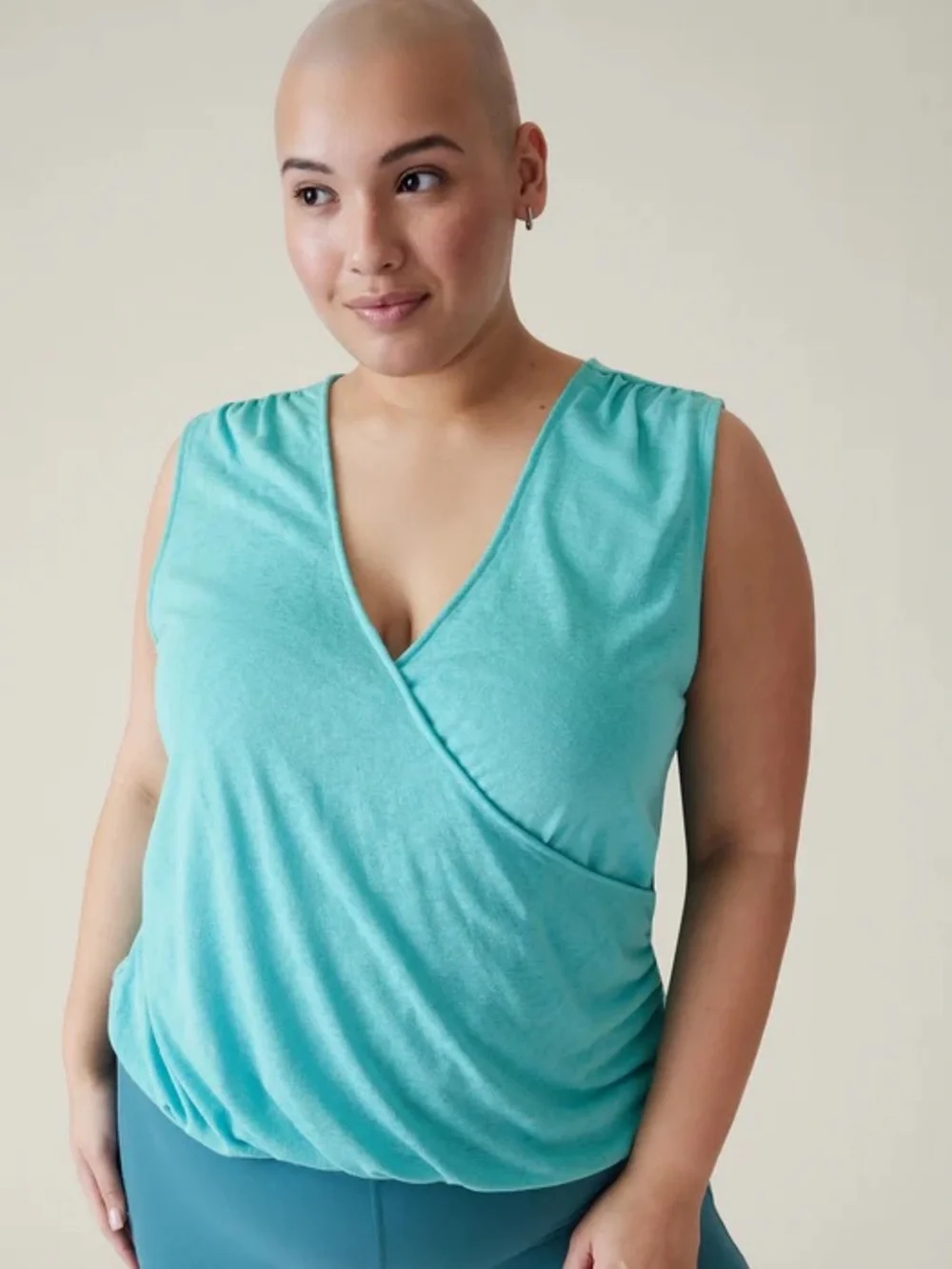 Athleta Womens Breezy Wrap Tank Top Size L Gulf Green Yoga Gym Running Ruching - Picture 10 of 10